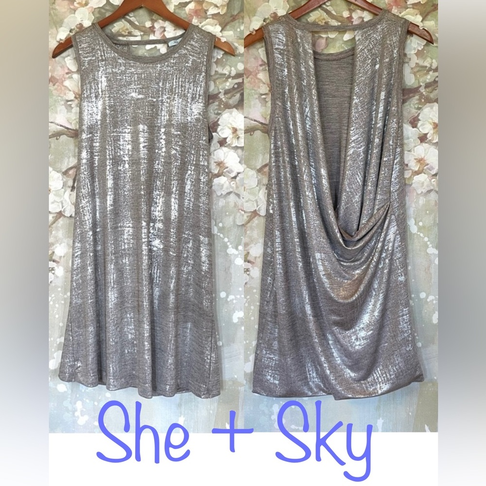 NEW!~•She+Sky•Rose/Mocha/Silver GATSBY Party Dress Open Back•Sz LARGE~NWT